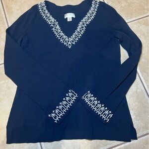 LOFT Navy V-Neck Sweater with White Beading